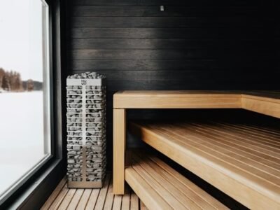 Modern sauna with snowy view