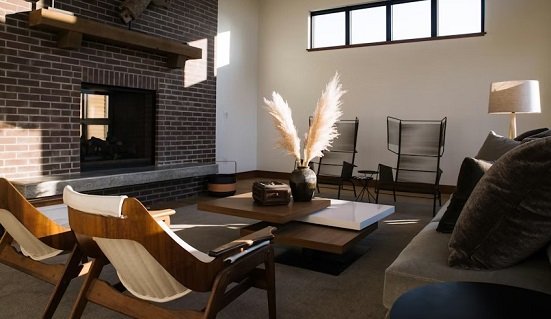Denver Modern Living Room with Brick Fireplace & Natural Light , podcasters dream