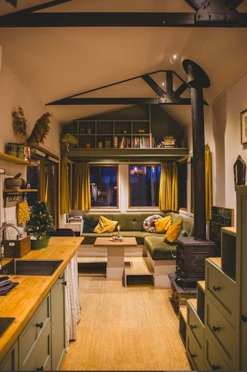 Bend Tiny House Interior , Wood Stove , a unique place for your cooking show
