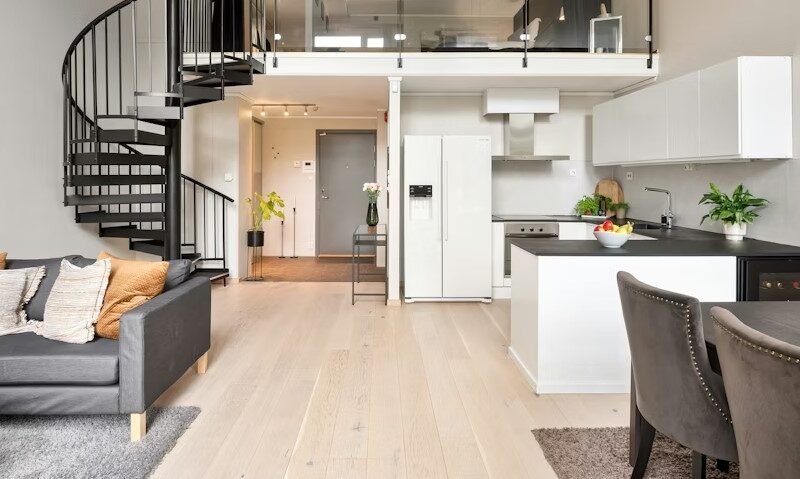 Denver Loft Apartment with a beautiful Spiral Staircase, Glass Railing