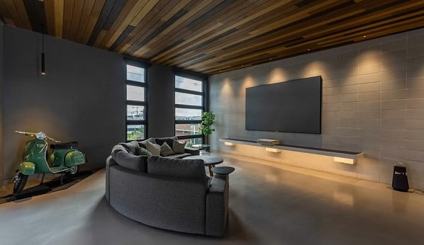 Gaming studio with concrete floors, retro scooter, in Los Angeles/filming, TikTok, YouTube