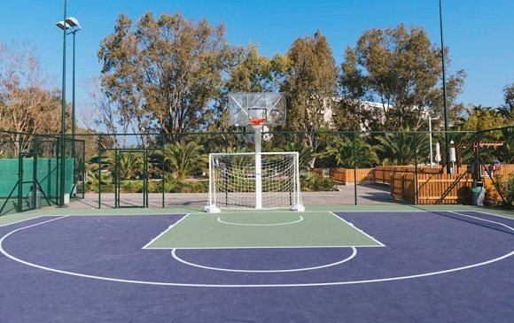 Colorful outdoor court for soccer and basketball content