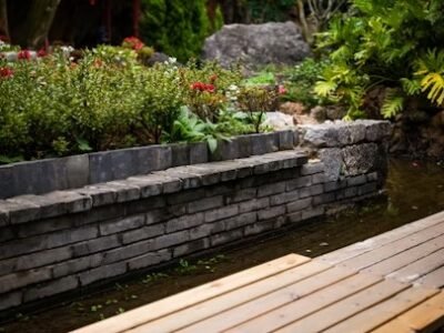 Portland, Oregon, peaceful garden with wood walkway and red lantern