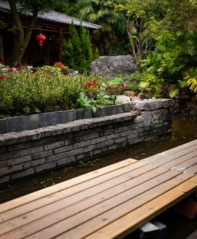 Portland, Oregon, peaceful garden with wood walkway and red lantern