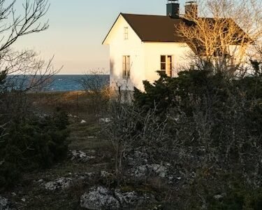 Coastal cottage with ocean view, cinematic outdoor backdrop